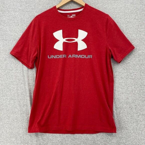 Under Armour Shirt Medium Red Mens Graphic Logo Short Sleeve Heatgear Loose - Picture 1 of 10